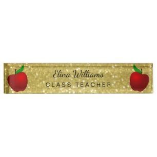 School Teacher Red Apple Gold Classic Confetti Nameplate
