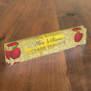 School Teacher Red Apple Gold Classic Confetti Nameplate