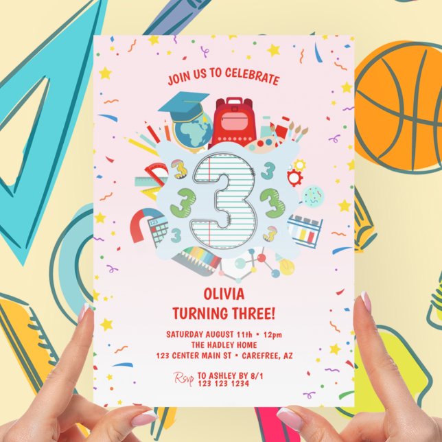 School Themed Pink 3rd Birthday Party Invitation (Creator Uploaded)