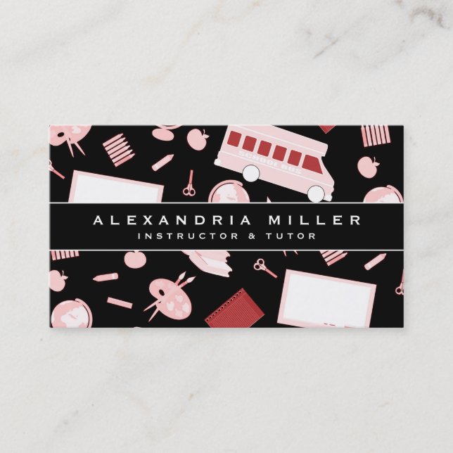 School Tutor Pattern | Black White & Pink Business Card (Front)