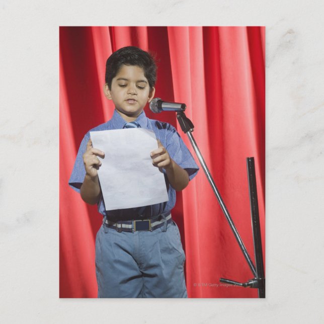 Schoolboy giving speech on a stage postcard (Front)