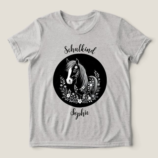 schoolchild - pony with flowers - black and white  Tri-Blend shirt (Design Front)