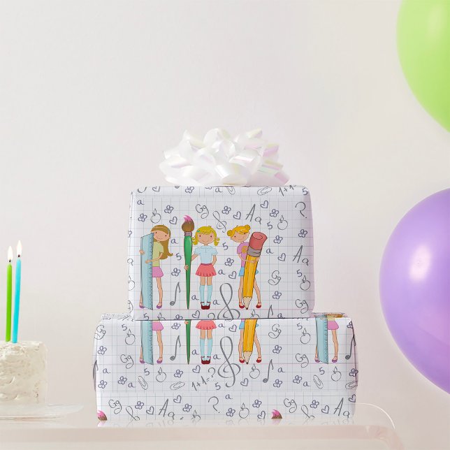 Schoolgirls with Oversized School Stationery  Wrapping Paper (Creator Uploaded)