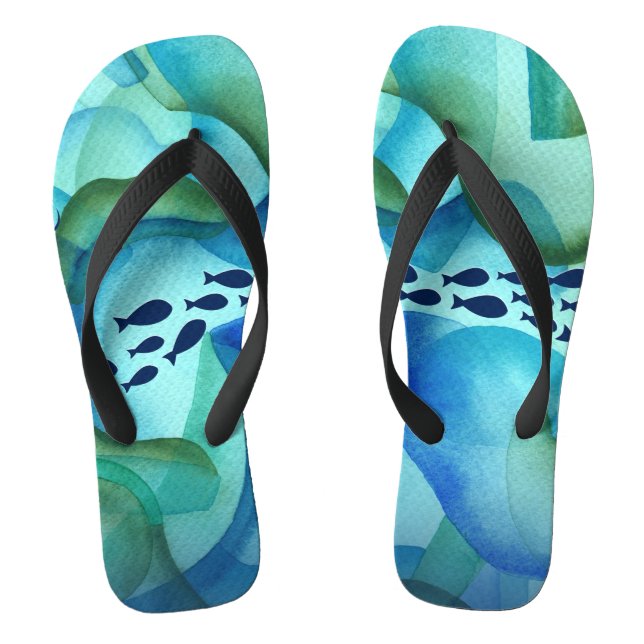 Schooling Fish Ocean Watercolor Flip Flops (Footbed)