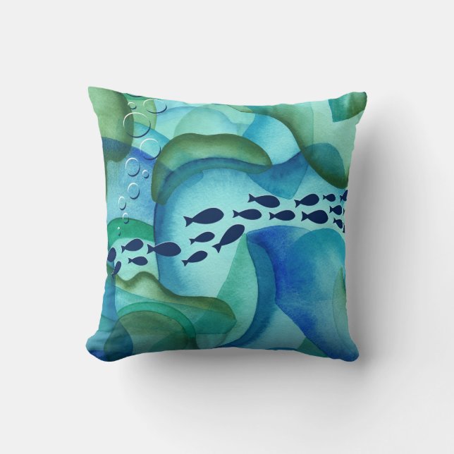 Schooling Fish Watercolor Throw Pillow (Front)