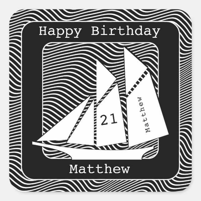 Schooner/Black Waves Nautical Party Theme Square Square Sticker (Front)