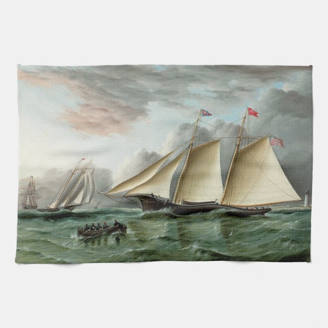 Schooner Mohawk off Sandy Hook Lighthouse Tea Towel (Horizontal)