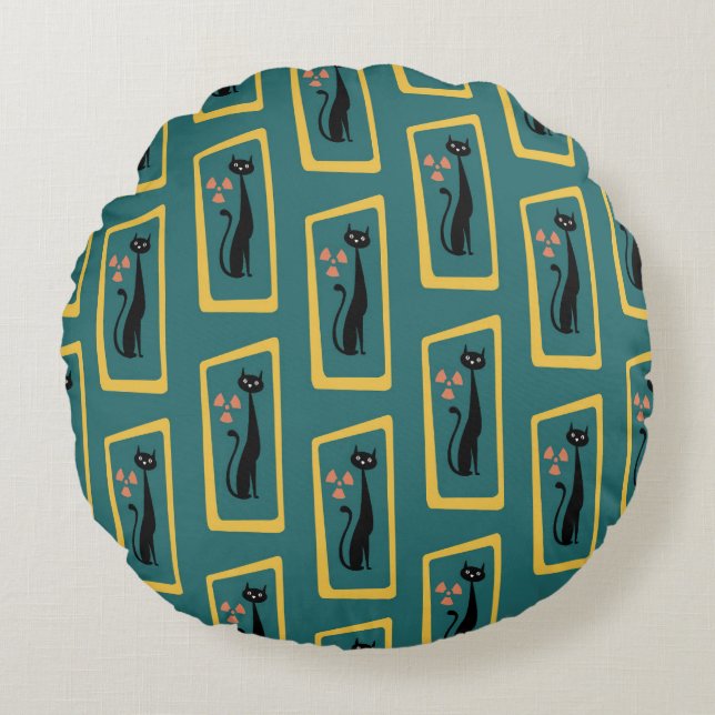 Schrödinger's Cat Mid Century Modern dark blue Round Cushion (Front)