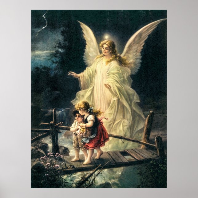 Schutzengel und zwei Kinder auf Brücke Poster (Front)