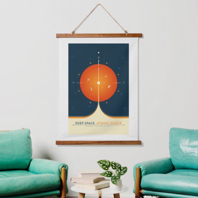 Sci-Fi Ad, Orange Atomic Clock, Deep Space Hanging Tapestry (Living Room)