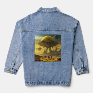 Sci-Fi Alien World View Planet Ufo Tower Denim Jacket
