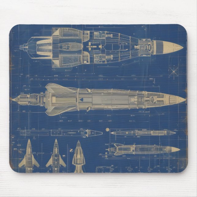 Sci-Fi Blueprint Rocket Mouse Pad (Front)