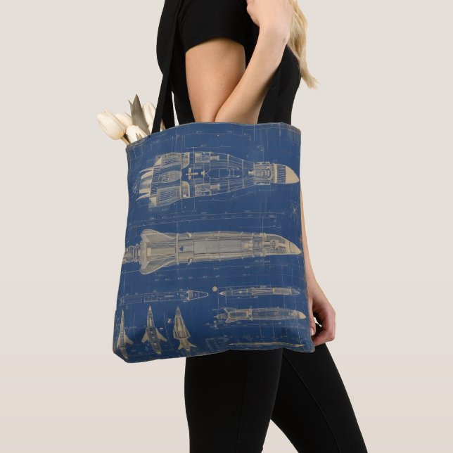 Sci-Fi Blueprint Rocket Tote Bag (Close Up)