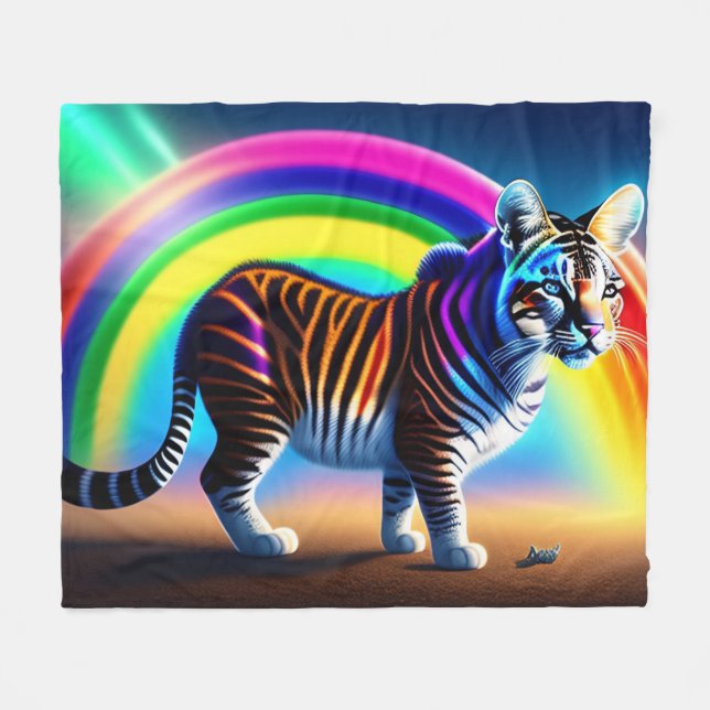 Sci fi futuristic wild cat colourful tiger fleece blanket (Front (Horizontal))