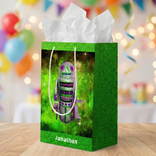 Sci fi retro toy robot green galaxy custom name medium gift bag