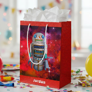 Sci fi retro toy robot red galaxy custom name cool medium gift bag