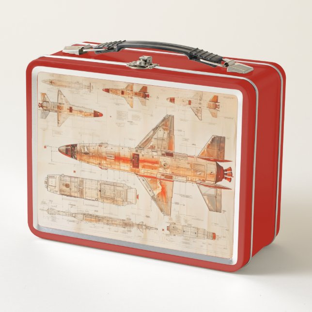 Sci-Fi Rocket Blueprint Metal Lunch Box (Front)
