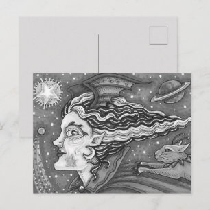 SCI FI SPACE WITCH & COMET CAT BLK/WHT HALLOWEEN HOLIDAY POSTCARD