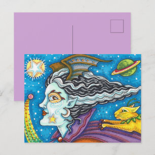 SCI FI SPACE WITCH & COMET CAT COLORFUL HALLOWEEN HOLIDAY POSTCARD