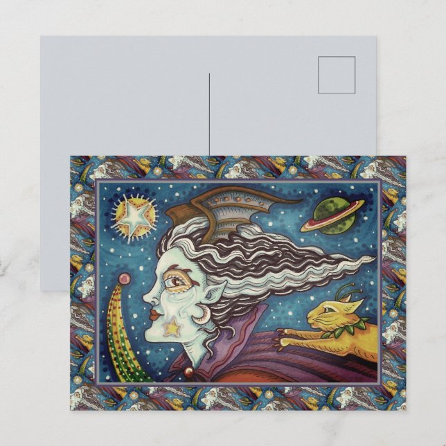 SCI FI SPACE WITCH & COMET CAT HUMOROUS HALLOWEEN HOLIDAY POSTCARD (Front/Back)