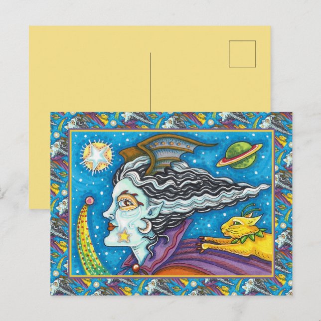 SCI FI SPACE WITCH & COMET CAT HUMOROUS HALLOWEEN HOLIDAY POSTCARD (Front/Back)