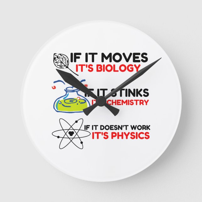 Science BIOLOGY CHEMISTRY PHYSICS Round Clock (Front)