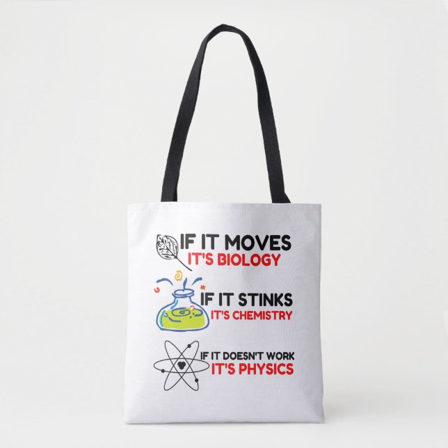 Science BIOLOGY CHEMISTRY PHYSICS Tote Bag (Front)