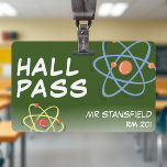Science Class Teacher School Classroom Hall Pass ID Badge<br><div class="desc">Ombre white and dark green school hall pass badge for science teachers.  Cool colourful atom molecules design with customisable white text.  Horizontal layout and lanyard attachment. Personalise it by adding your last name and classroom number. Great for back to school for elementary school teachers.</div>