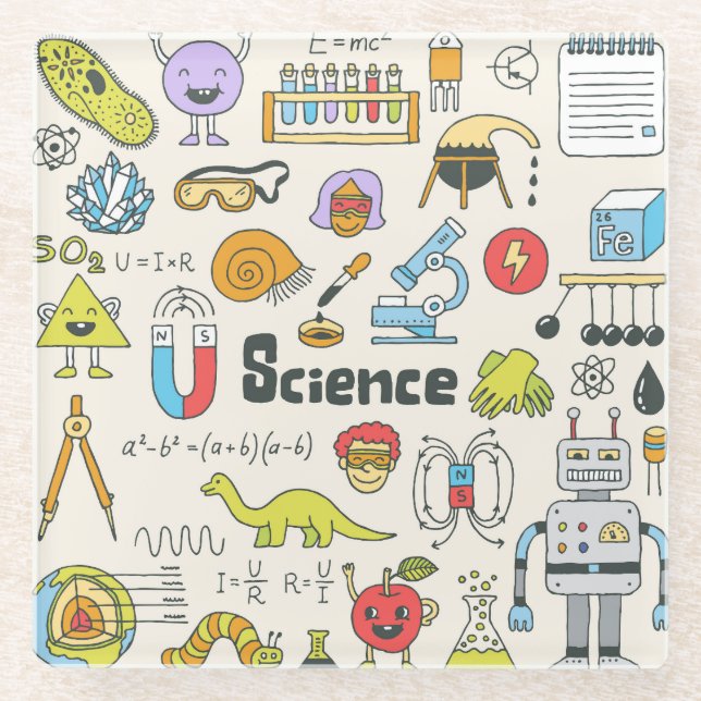 Science Doodles: Hand-Drawn School Set. Glass Coaster (Front)