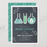 Science Experiment Black Chalkboard Birthday Invitation<br><div class="desc">This cool  "birthday experiment" science birthday party invitation features a chalkboard /  blackboard background with flasks,  and a test tube framed by a white border. The reverse side features a teal background with molecule patterns. Personalise for your needs. You can find matching products at my store.</div>