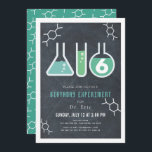 Science Experiment Black Chalkboard Birthday Invitation<br><div class="desc">This cool  "birthday experiment" science birthday party invitation features a chalkboard /  blackboard background with flasks,  and a test tube framed by a white border. The reverse side features a teal background with molecule patterns. Personalise for your needs. You can find matching products at my store.</div>