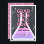 Science Experiment Flask Chalkboard Girl Birthday Invitation<br><div class="desc">This cool  "grab your lab coat" science birthday experiment party invitation for girls features a chalkboard /  blackboard background with a flask framed by a white border. The reverse side features a pink background with molecule patterns. Personalise for your needs. You can find matching products at my store.</div>