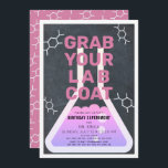 Science Experiment Flask Chalkboard Girl Birthday Invitation<br><div class="desc">This cool  "grab your lab coat" science birthday experiment party invitation for girls features a chalkboard /  blackboard background with a flask framed by a white border. The reverse side features a pink background with molecule patterns. Personalise for your needs. You can find matching products at my store.</div>