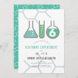 Science Experiment White & Green Boy Birthday Invitation<br><div class="desc">This cool  "birthday experiment" science birthday party invitation features a white background with flasks,  and a test tube. The reverse side features a teal background with molecule patterns. Personalise for your needs. You can find matching products at my store.</div>