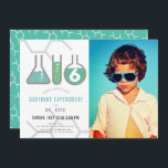 Science Experiment White Green Boy Photo Birthday Invitation<br><div class="desc">This cool  "birthday experiment" science birthday party photo invitation features a white background with flasks,  and a test tube. The reverse side features a teal background with molecule patterns. Personalise for your needs. You can find matching products at my store.</div>
