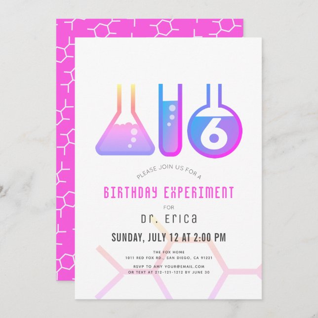 Science Experiment White & Neon Pink Girl Birthday Invitation (Front/Back)