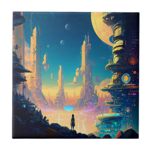 Science Fiction Futuristic City Ceramic Tile