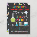 Science Lab Experiment Birthday Party Invitation<br><div class="desc">Super cute and cool,  Science Lab Experiment Birthday Party Invitations beakers,  test tube,  bunsen burner on a dark chalkboard background.
Great for the mad Scientist in your family or the science nerd. Great for a boy or girl.
Need help with the layout,  just email me at tkatz@me.com</div>