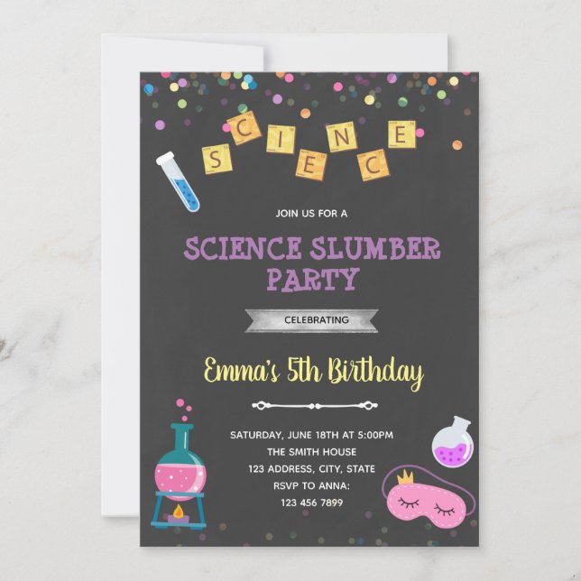 Science slumber birthday party invitation (Front)