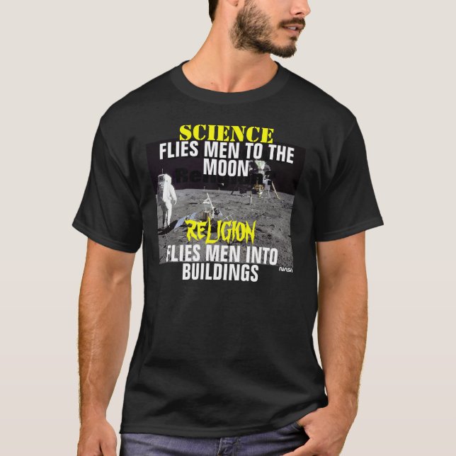 SCIENCE VS RELIGION  T-SHIRT (WITH BACK LEAD-IN). (Front)