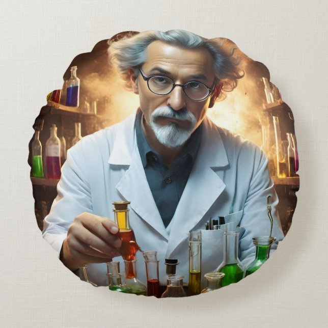 Scientist In A Laboratory Mixing Potions, Round Cushion (Front)