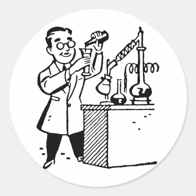 Scientist in Lab Coat Mixing Chemicals Classic Round Sticker (Front)