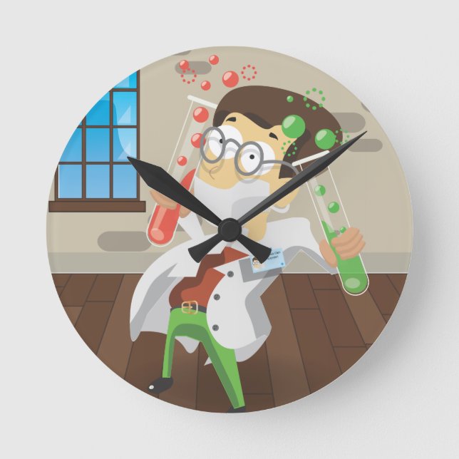 Scientist With Test tubes Round Clock (Front)