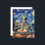 Scifi Blue Alien Eating Noodles and Veggies Postcard<br><div class="desc">Scifi fantasy unique AI generated art of a blue alien eating noodles and veggies</div>