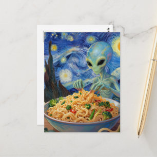 Scifi Blue Alien Eating Noodles Veggies Van Gogh Postcard