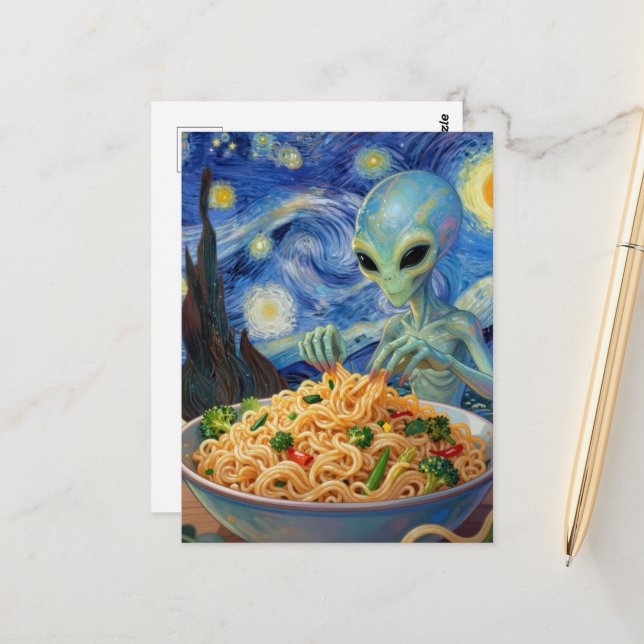 Scifi Blue Alien Eating Noodles Veggies Van Gogh Postcard (Front/Back In Situ)