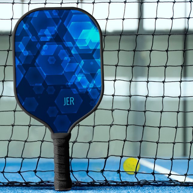 Scifi Cool Hexagon Abstract Monogrammed Blue Tech Pickleball Paddle (Creator Uploaded)