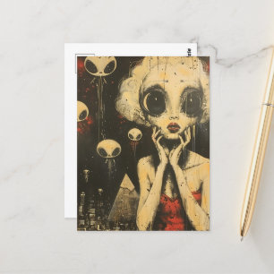 Scifi Fantasy Aliens and Woman in Red Dress Postcard