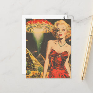 Scifi Fantasy Aliens Blonde Woman in Red Dress  Postcard
