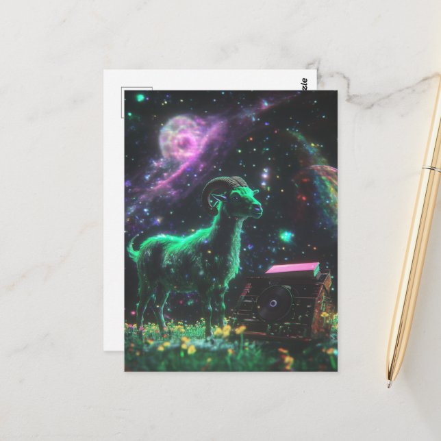 Scifi Goat in Space With Music Fantasy Postcard (Front/Back In Situ)